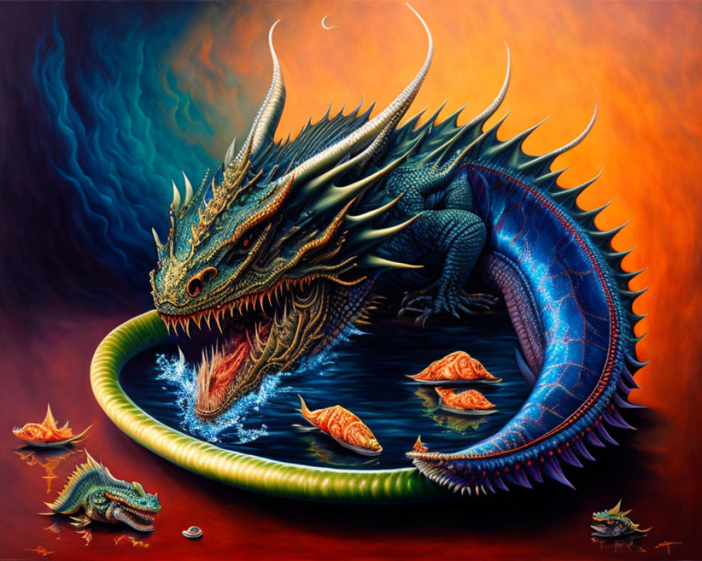 Majestic blue dragon in fiery fantasy scene