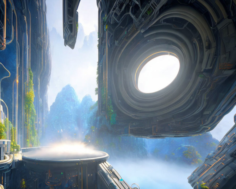 Futuristic gateway leading to lush valley with cliffs and sunlight.