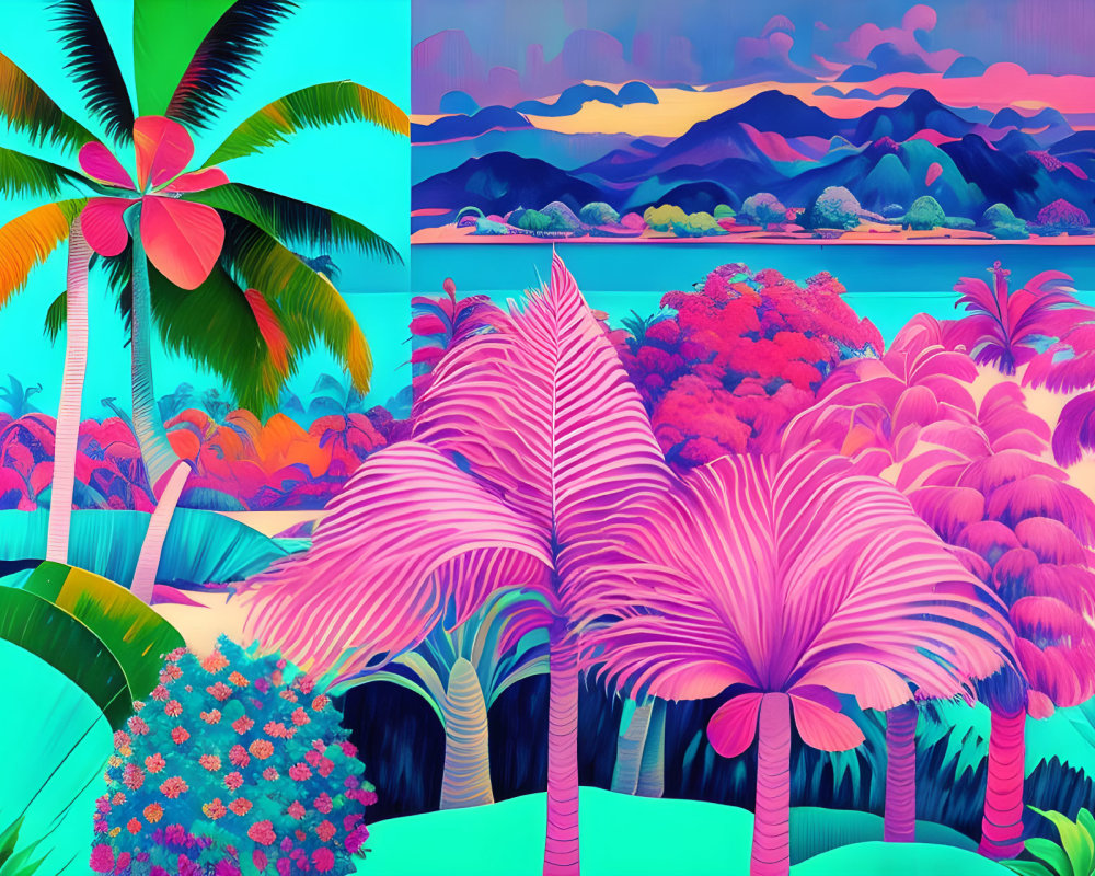 Colorful Tropical Landscape with Pink Palm Trees and Layered Mountains