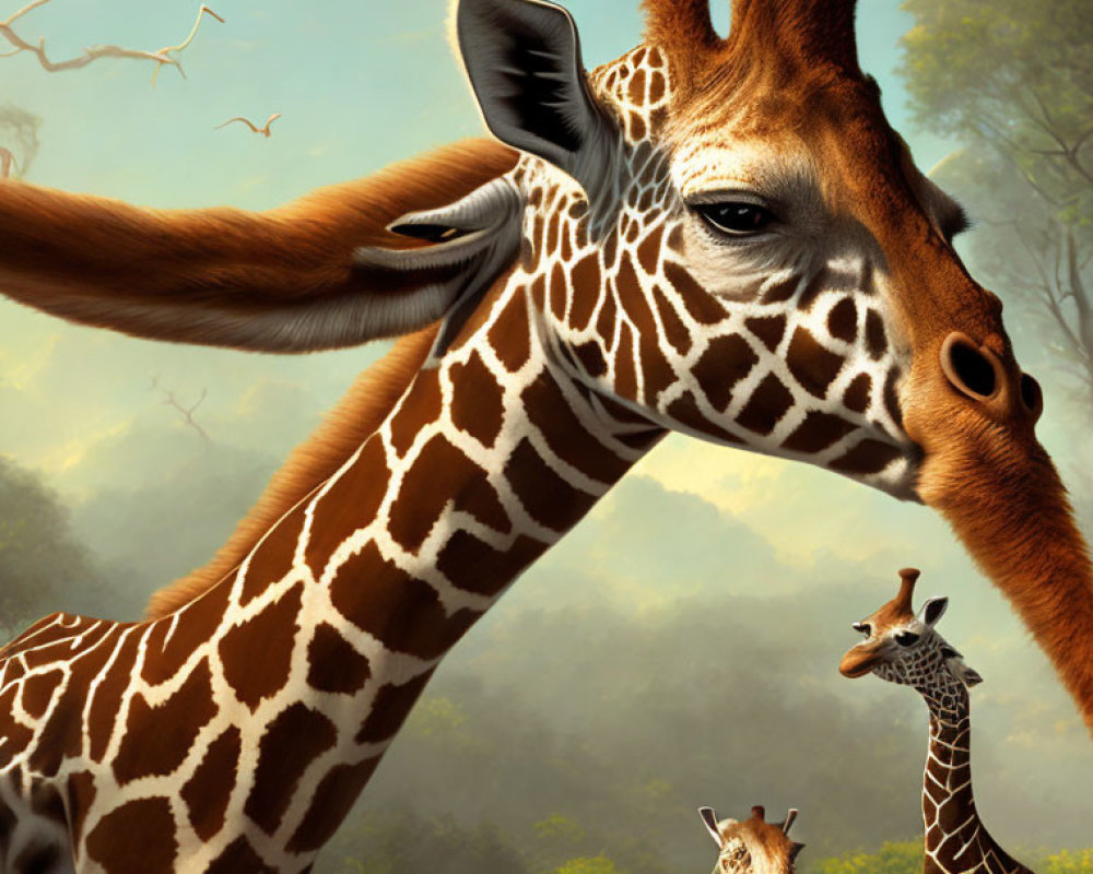 Serenely captured giraffe with birds in natural setting