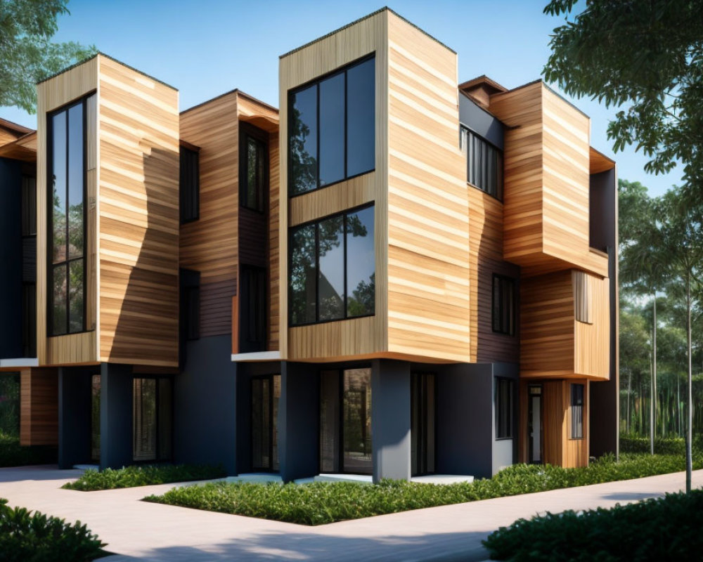 Contemporary townhouses with wood and dark panel facades in tree-filled setting