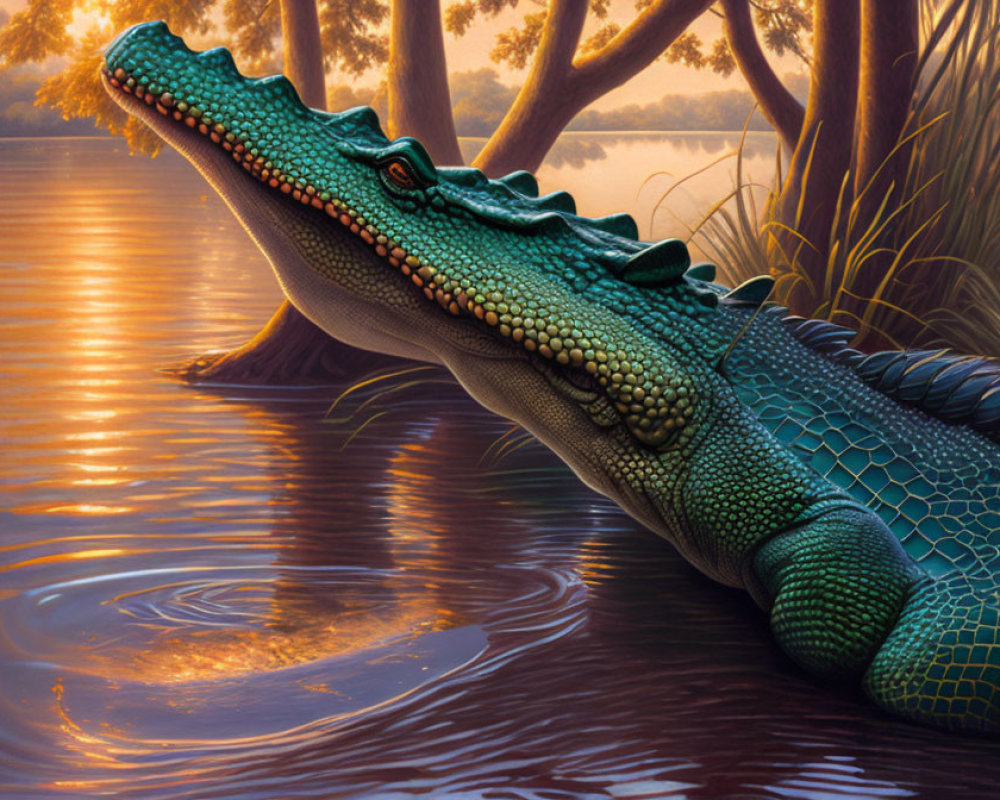 Colorful Crocodile Illustration by Tranquil River at Sunset