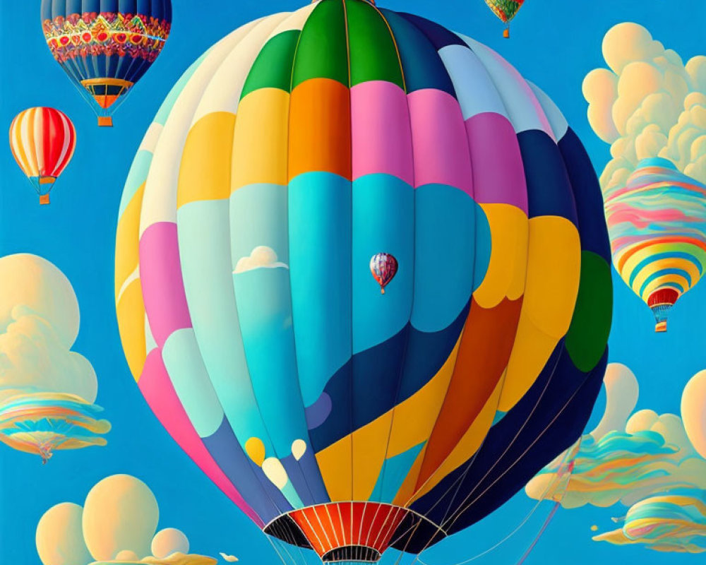 Vibrant hot air balloons in blue sky with fluffy clouds