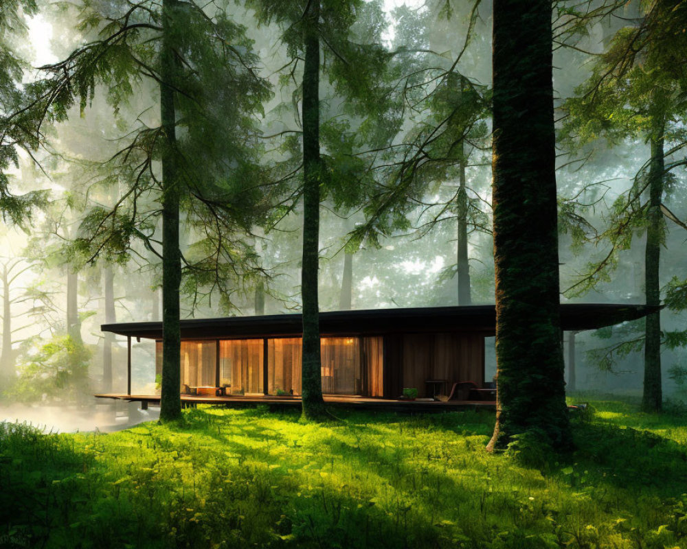 Contemporary house with large glass windows in misty forest setting