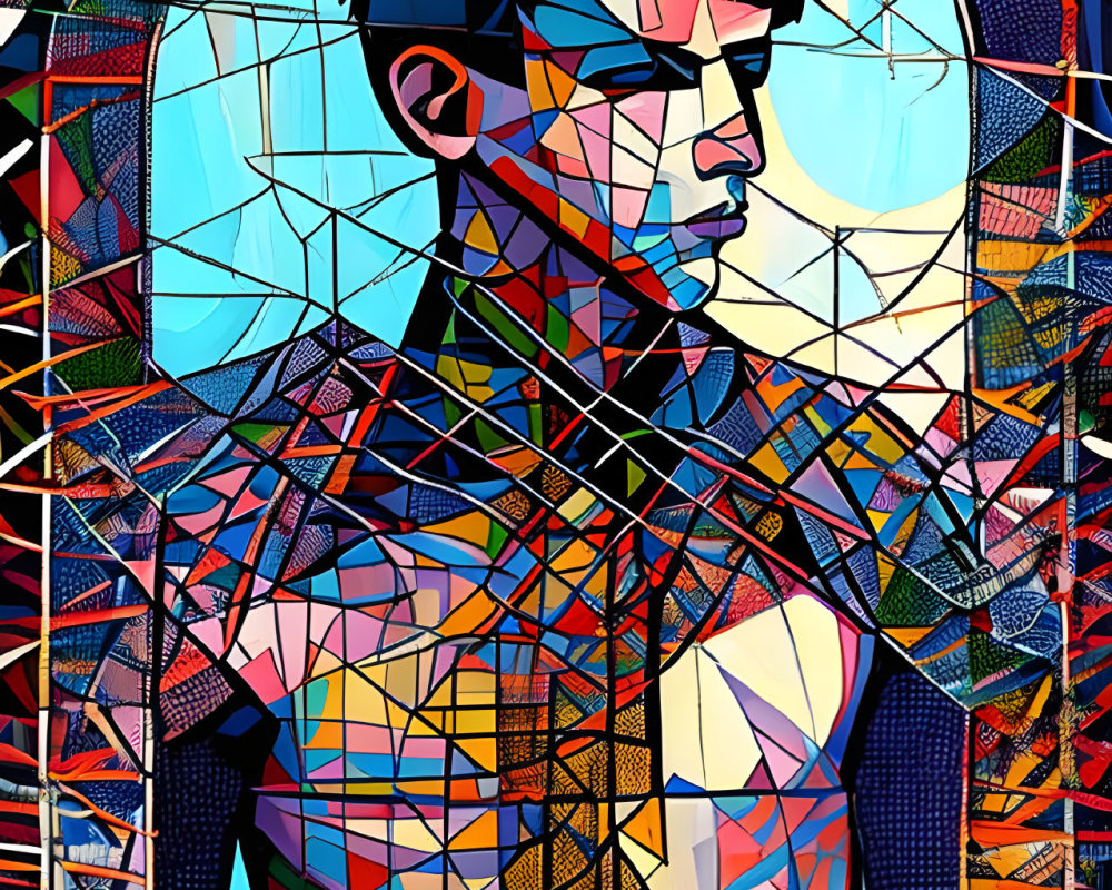 Colorful Cubist-Style Person Illustration on Blue Background