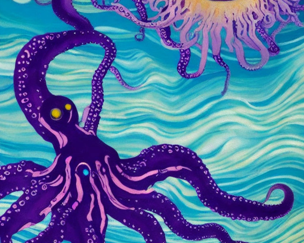 Vibrant purple octopus in blue waters with yellow eyes and sun motif