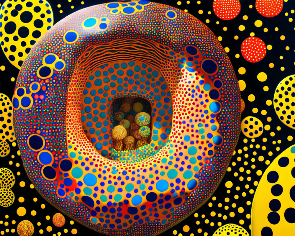 Colorful Artwork: Tunnel-like Pattern with Polka Dots and Dotted Spheres