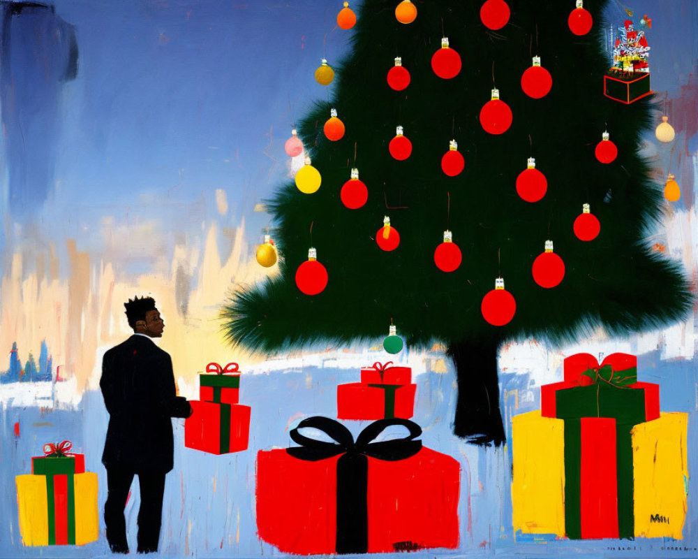 Person admiring Christmas tree and presents in festive setting.