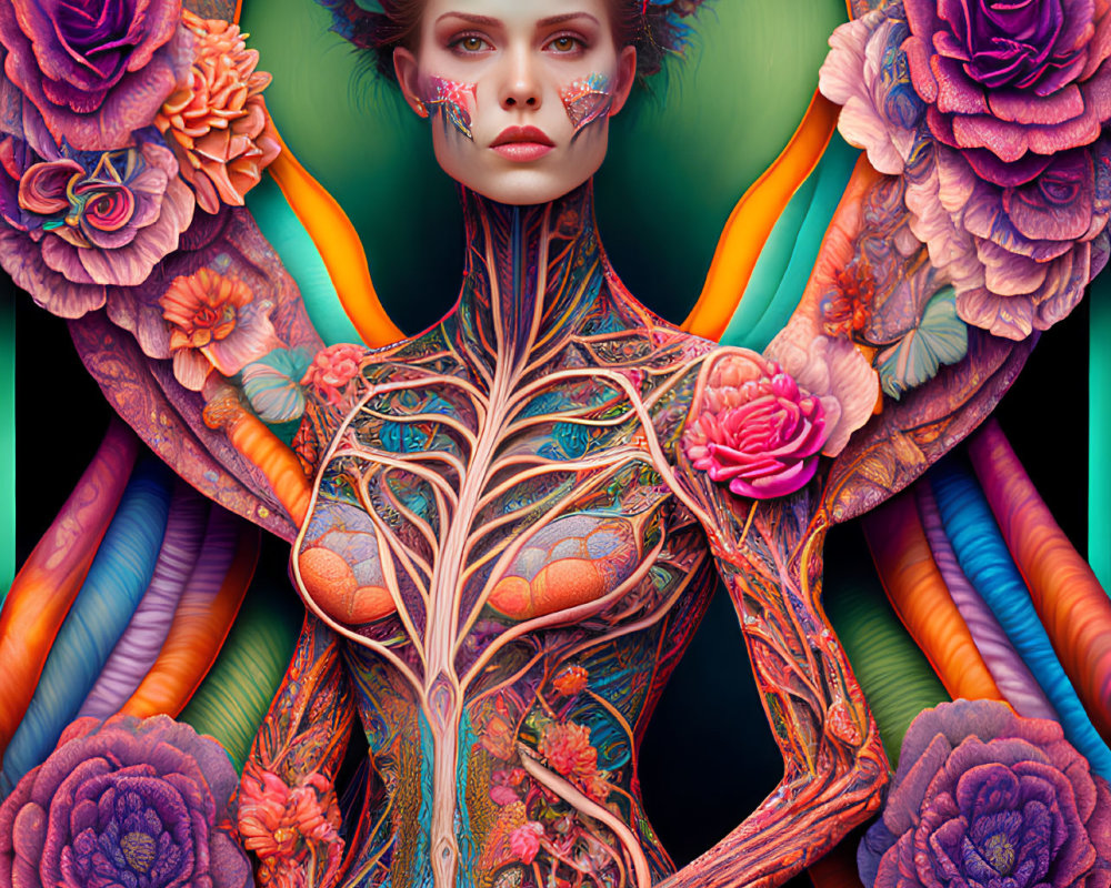 Vibrant surreal portrait of a woman with floral and vascular motifs