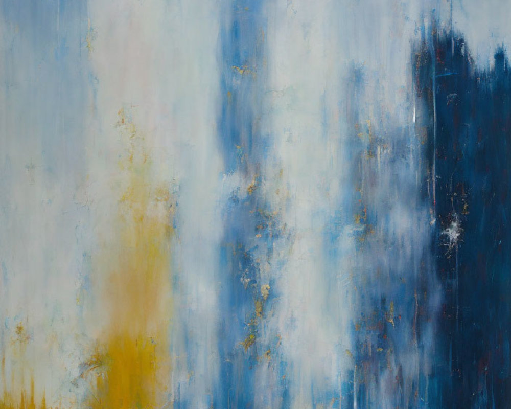 Blue, White, and Yellow Abstract Painting with Vertical Streaks