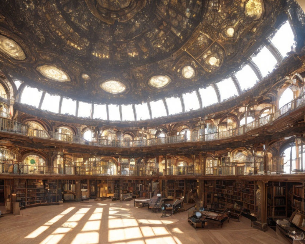 Circular two-story library with wood-panelled walls, domed ceiling, and sunlight-filled ambiance