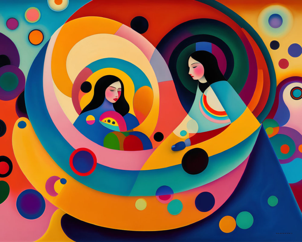 Colorful Abstract Painting: Stylized Female Figures in Harmonious Composition