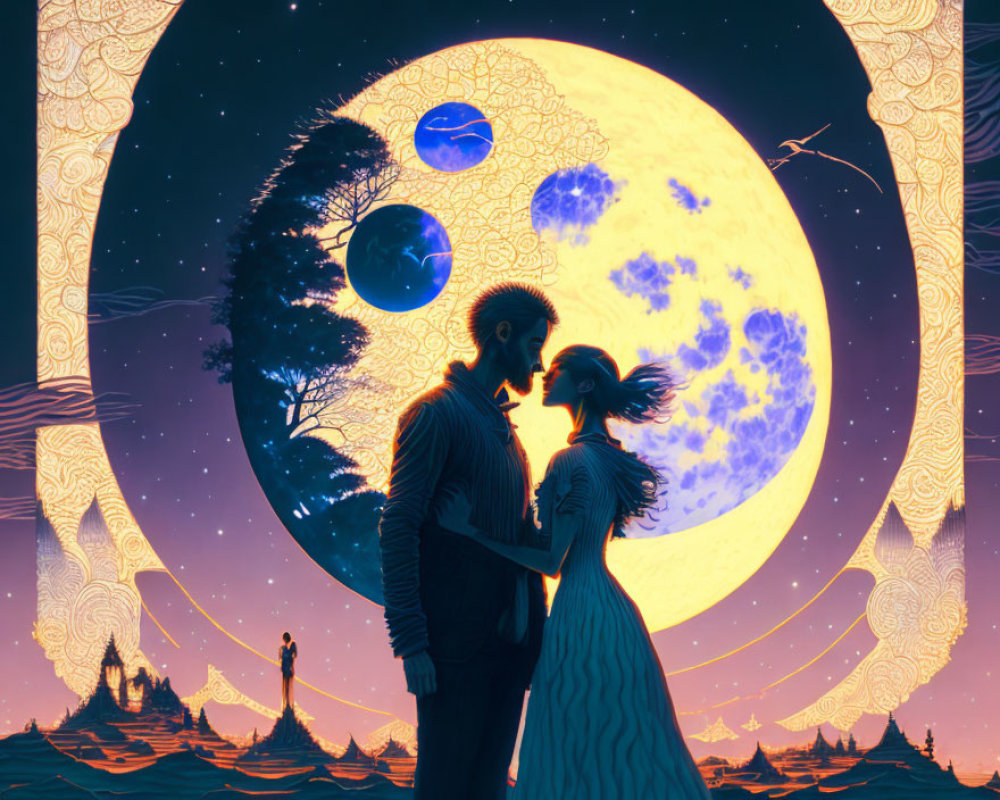 Romantic couple about to kiss under large moon and starry sky