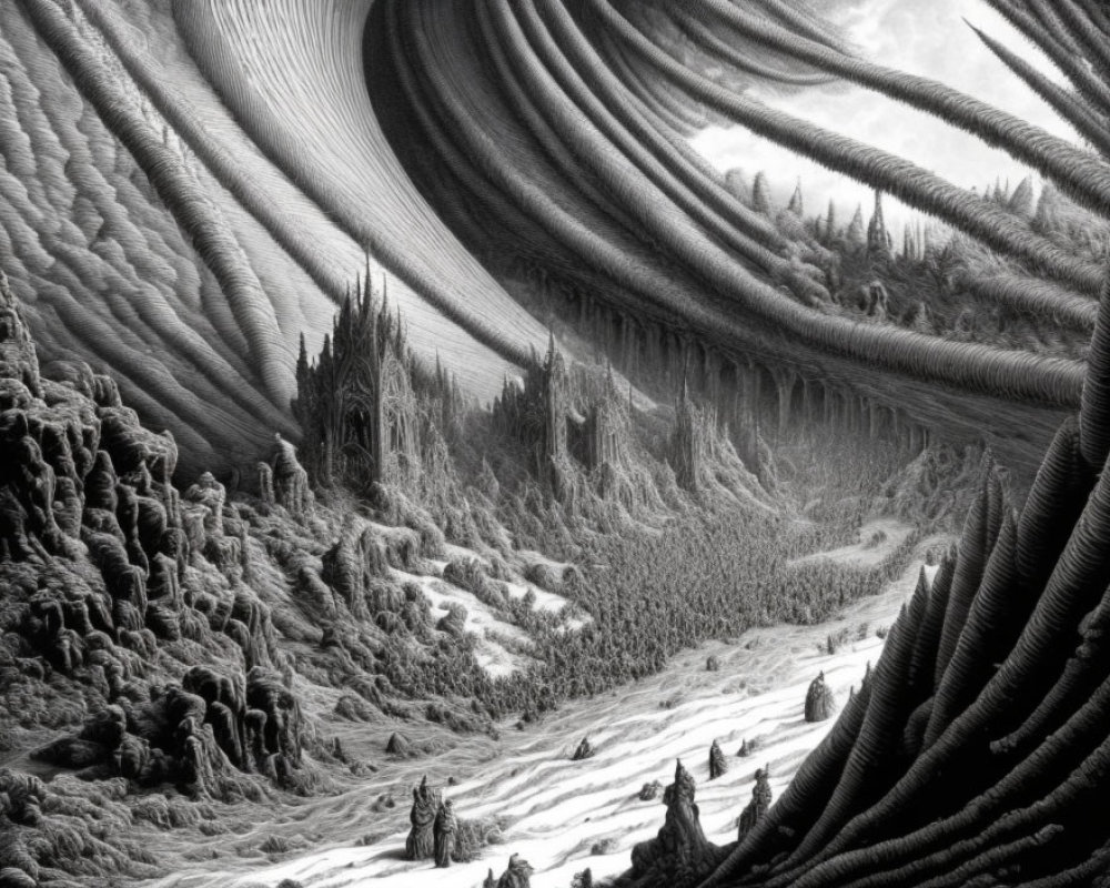 Monochrome surreal landscape with towering wave-like formations