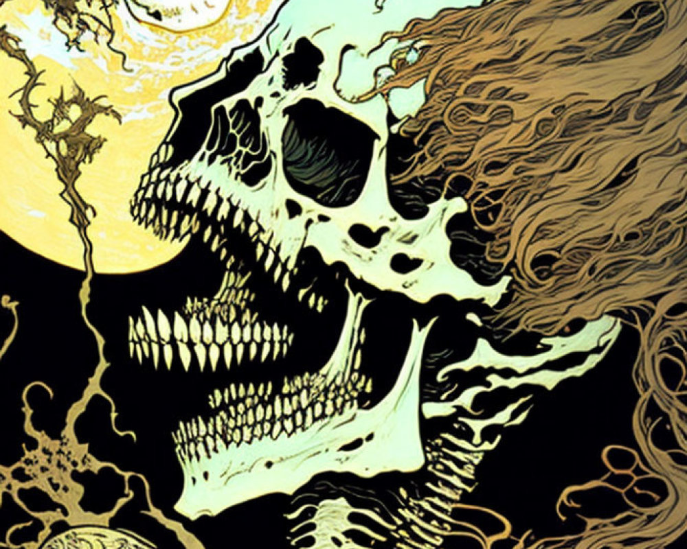 Skeleton with Exaggerated Features in Golden Tones and Full Moon