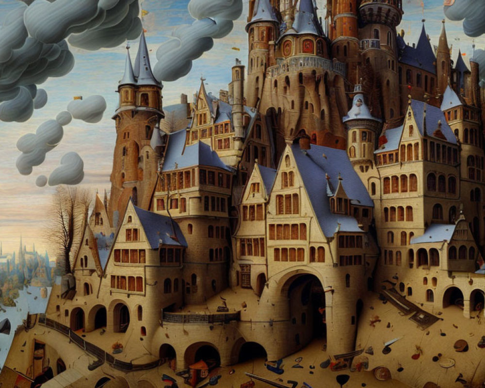 Fantastical castle with multiple spires and floating rock formations