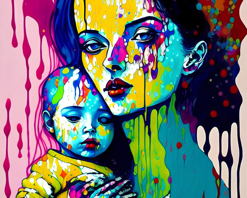 Colorful artwork of woman and child with vibrant paint splatter effect