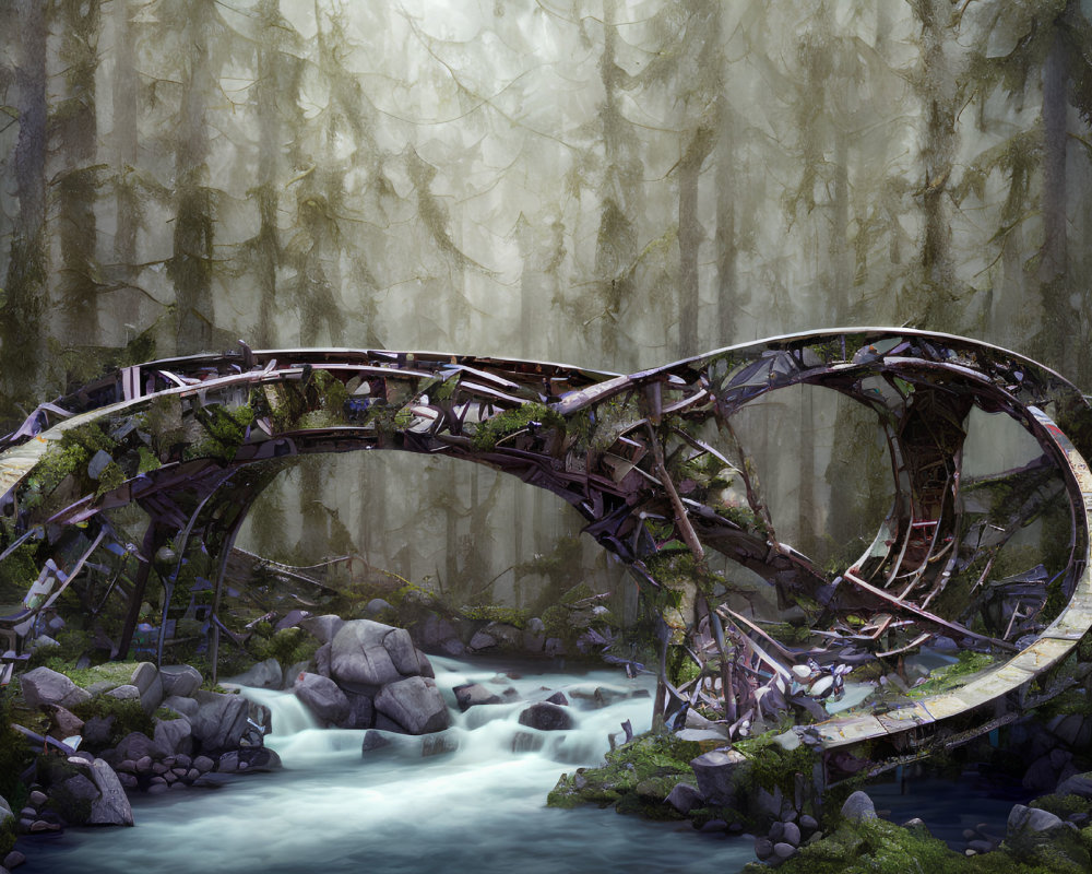 Twisted wooden bridge over serene stream in misty forest