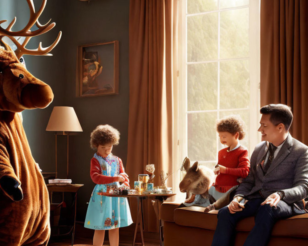 Person in Moose Costume, Kids Playing, Man on Couch in Cozy Room