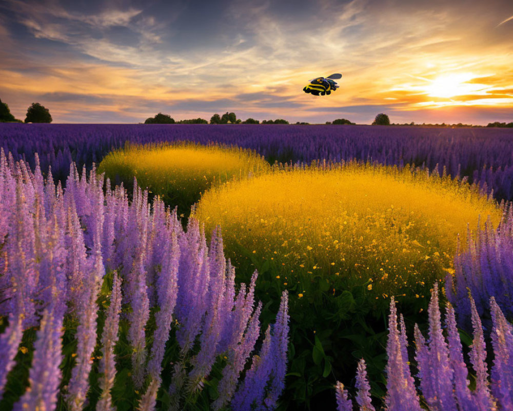 Colorful sunset over purple and yellow flower field with bumblebee in flight