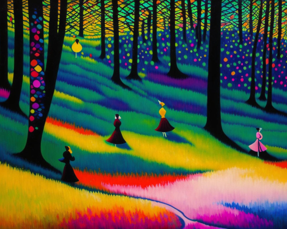 Colorful Forest Painting with Silhouettes of Figures and Dotted Trees