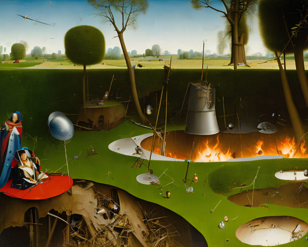 Surreal landscape featuring fiery underground layer, spaceship, floating figure, scattered objects on green field,