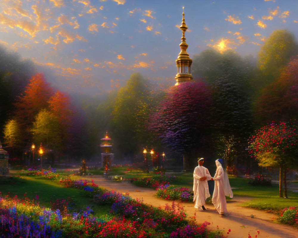 Traditional attire couple strolling in flower-lined park at sunset