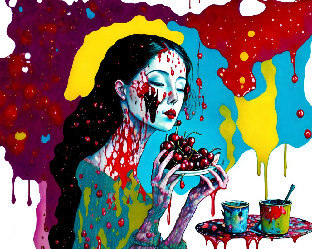 Colorful artwork of woman with paint drips holding cherries