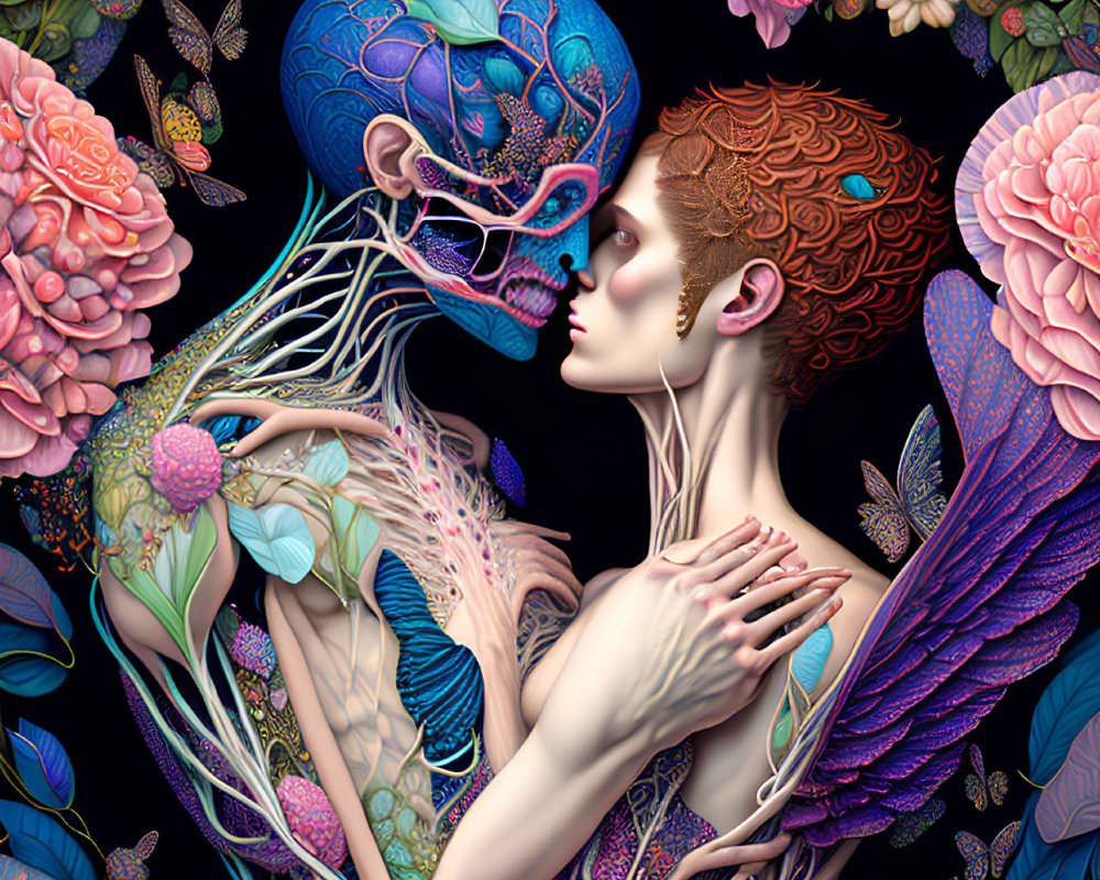 Detailed Human and Transparent Anatomical Figure Embracing in Floral Fantasy Scene