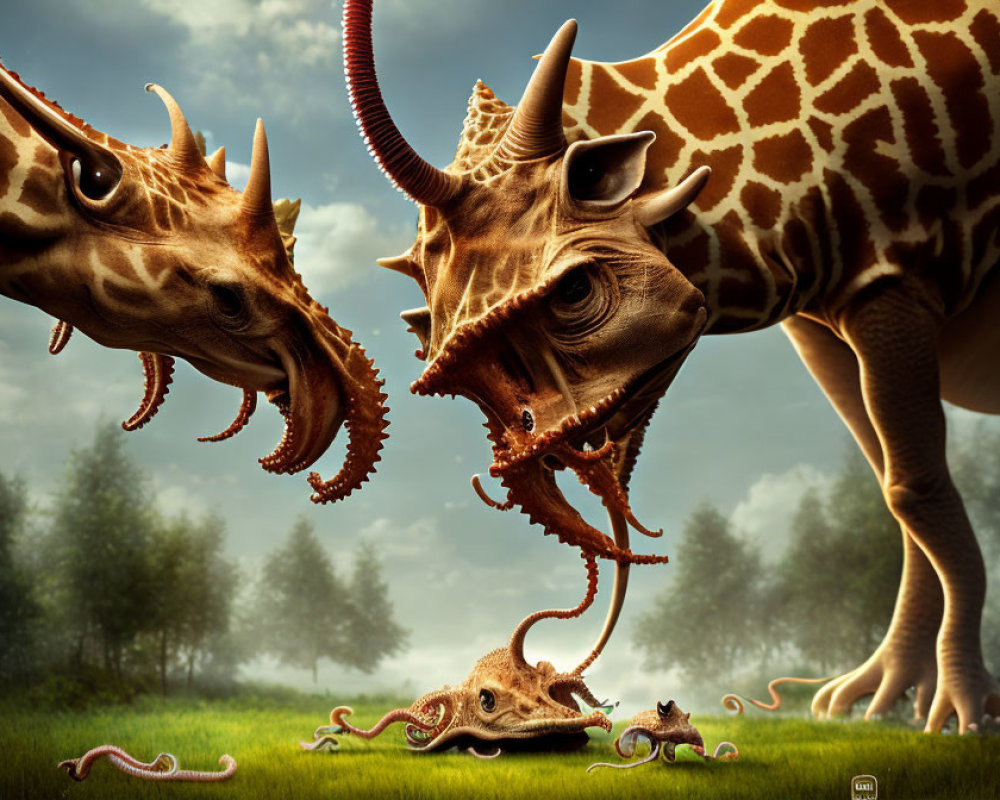 Digitally altered image of giraffes with triceratops-like heads in grassy landscape