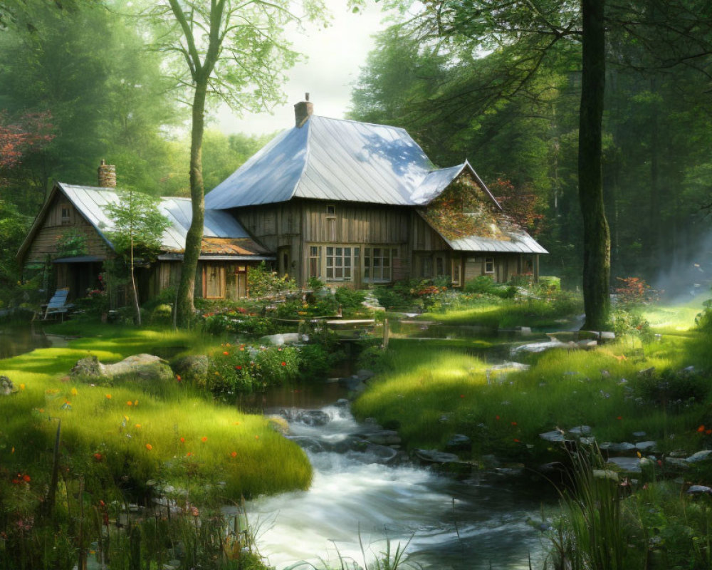 Wooden cottage with metal roof in lush green forest by babbling brook.