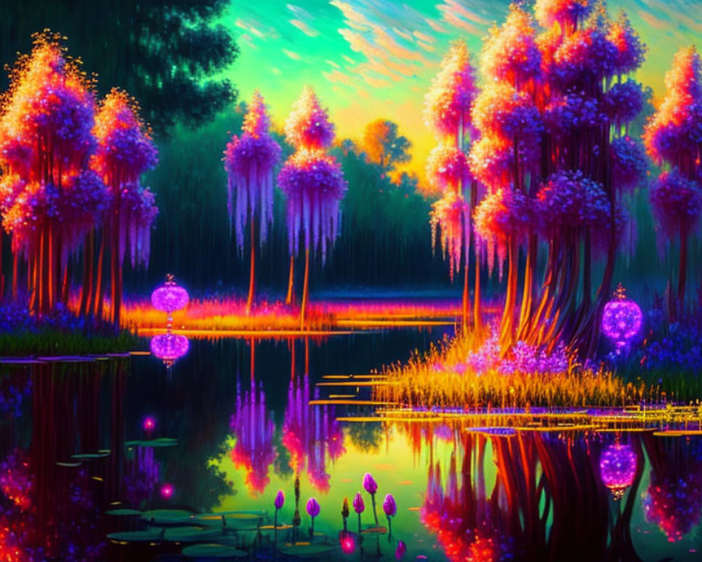 Colorful Fantasy Landscape with Luminescent Trees and Glowing Orbs