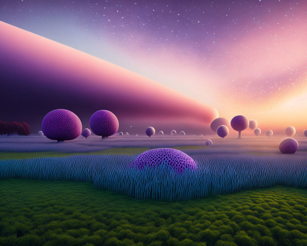 Surreal landscape featuring purple grid spheres, grass, twilight sky, stars, and slanted horizon