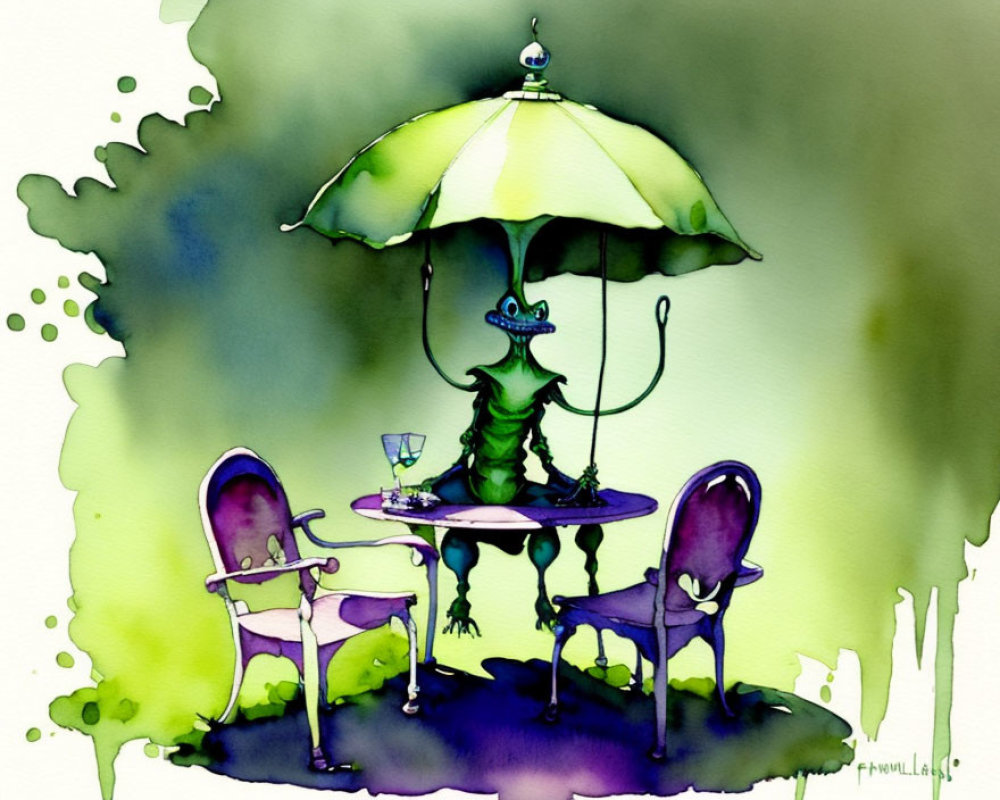 Green alligator in a whimsical cafe scene with purple chairs and umbrella