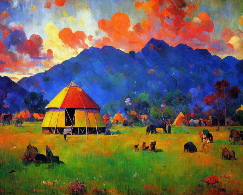 Colorful Rural Landscape Painting with Tents, Cattle, Greenery, and Red Clouds