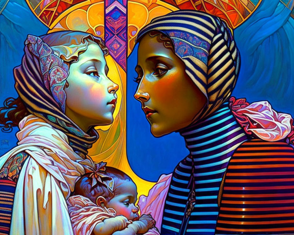 Colorful figures with intricate patterns holding a baby under stained-glass backdrop