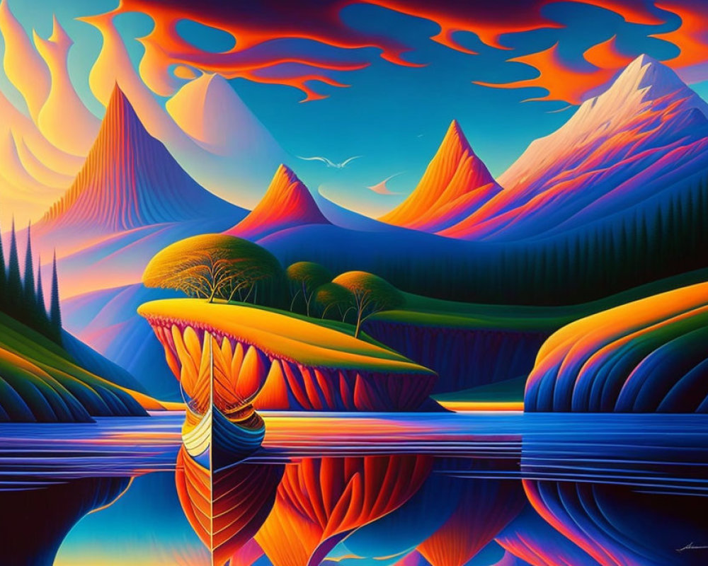 Colorful surrealistic landscape with stylized mountains and fiery sky