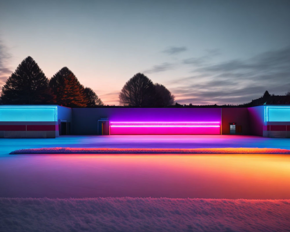 Snow-covered landscape with neon-lit buildings at twilight