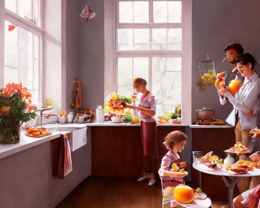 Warm Kitchen Scene: Four People Preparing Food with Fruits and Flowers