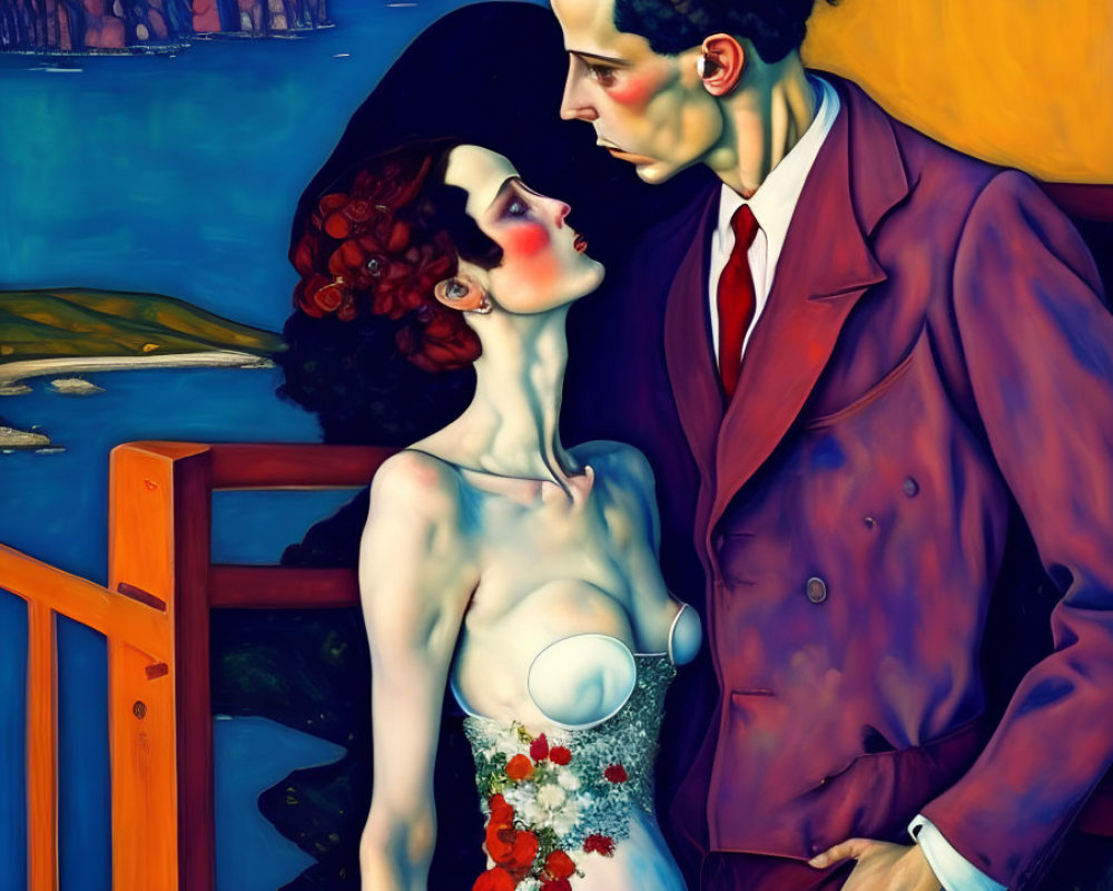 Colorful painting of couple embracing near coastal balcony