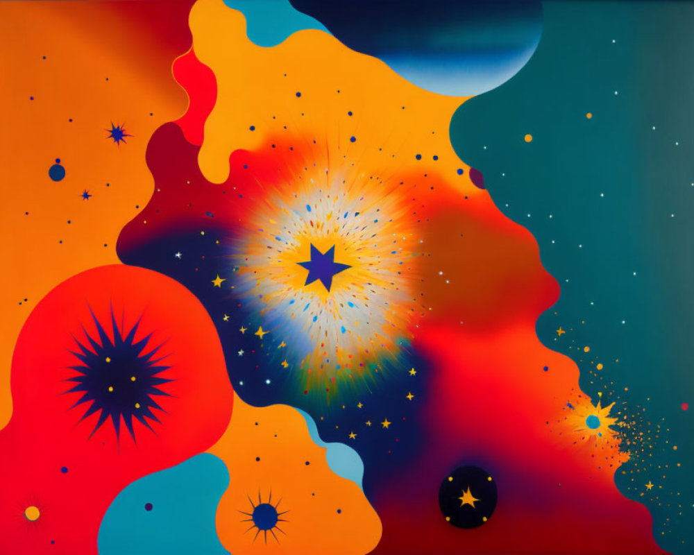 Colorful Abstract Painting with Star-like Patterns and Cosmic Motifs