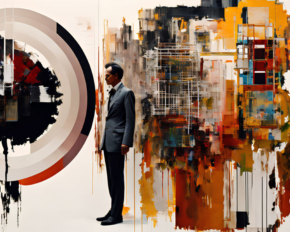 Man in suit beside vibrant abstract painting in gallery