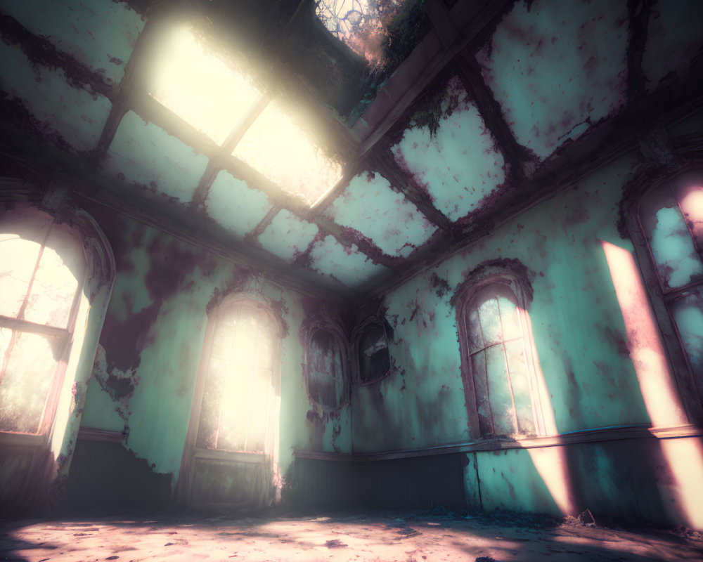 Abandoned room with peeling paint and arched windows in sunlight.