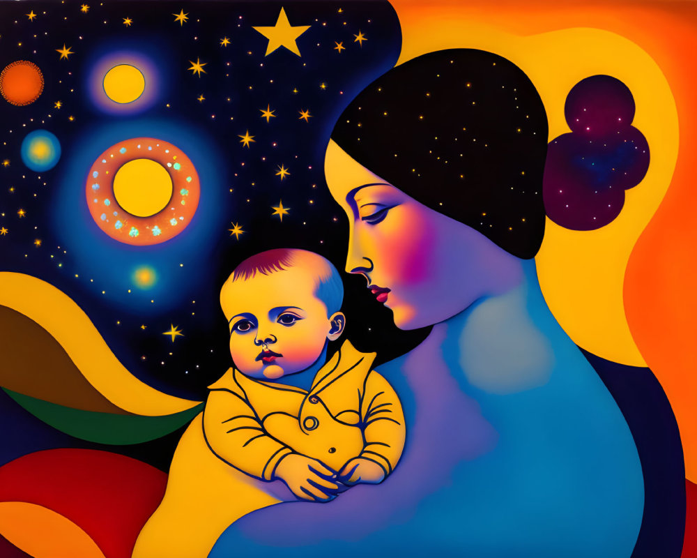 Colorful painting of woman with baby and celestial backdrop