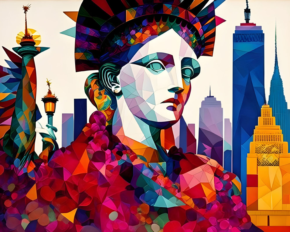 Vibrant Statue of Liberty illustration with NYC buildings and abstract pattern