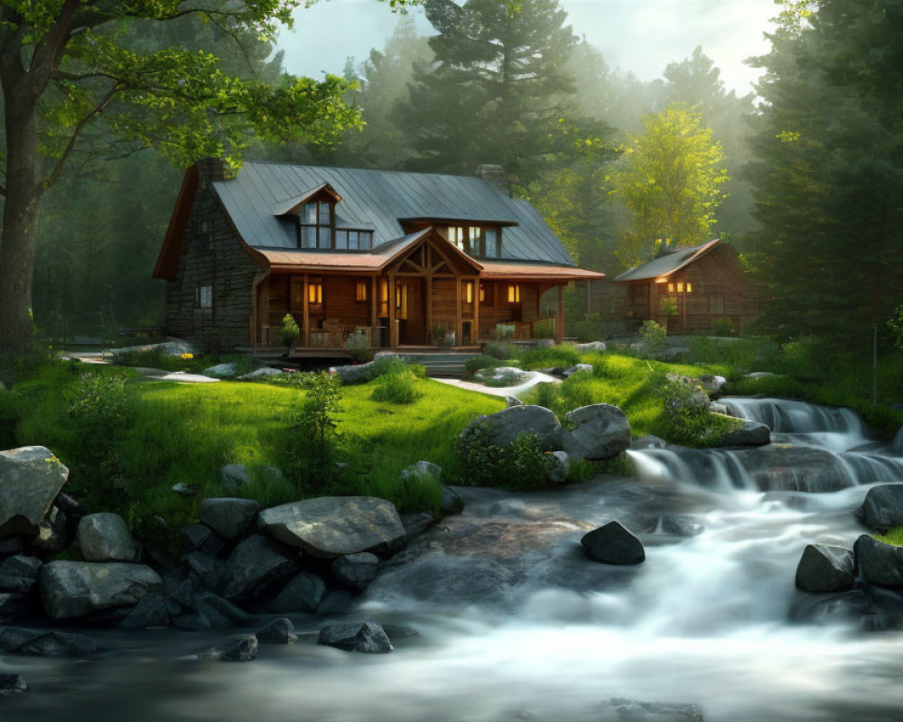 Cozy Cabin in Forest by Stream with Illuminated Windows