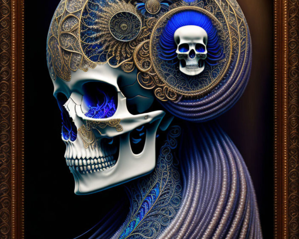 Stylized skull digital artwork with blue and gold fractal patterns