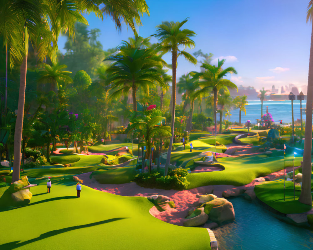 Colorful Miniature Golf Course with Lush Greenery and Palm Trees