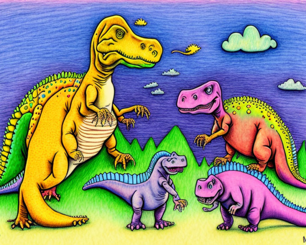 Vibrant Cartoon Dinosaurs in Whimsical Landscape