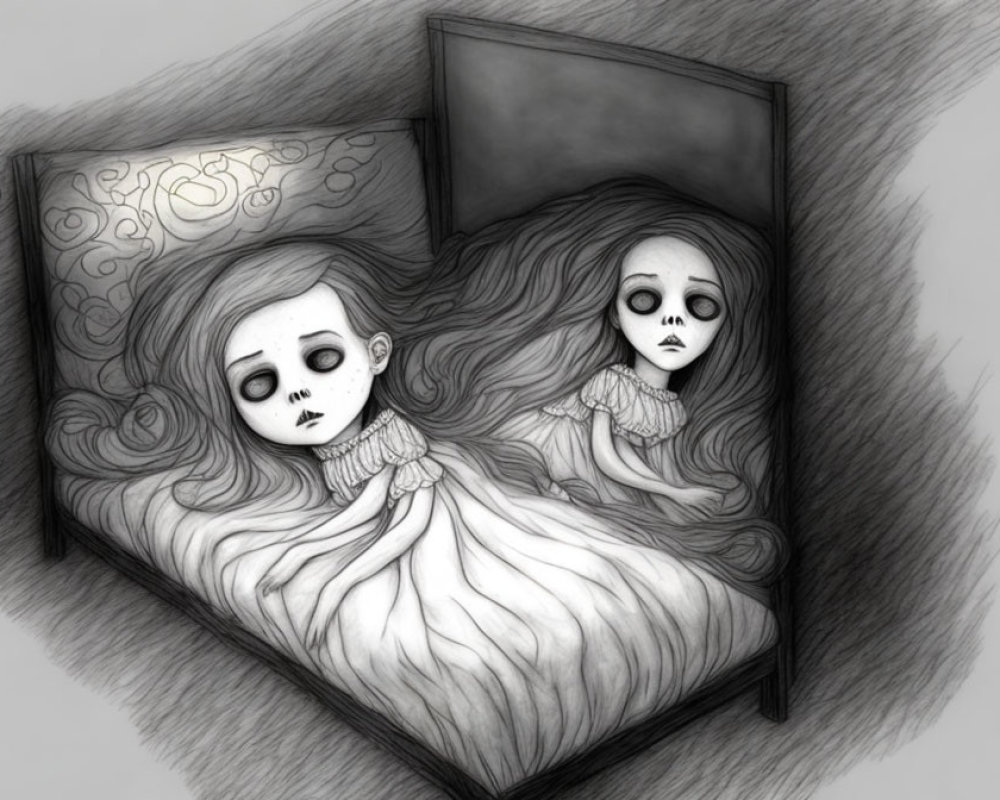 Eerie monochrome illustration of two identical girls in bed